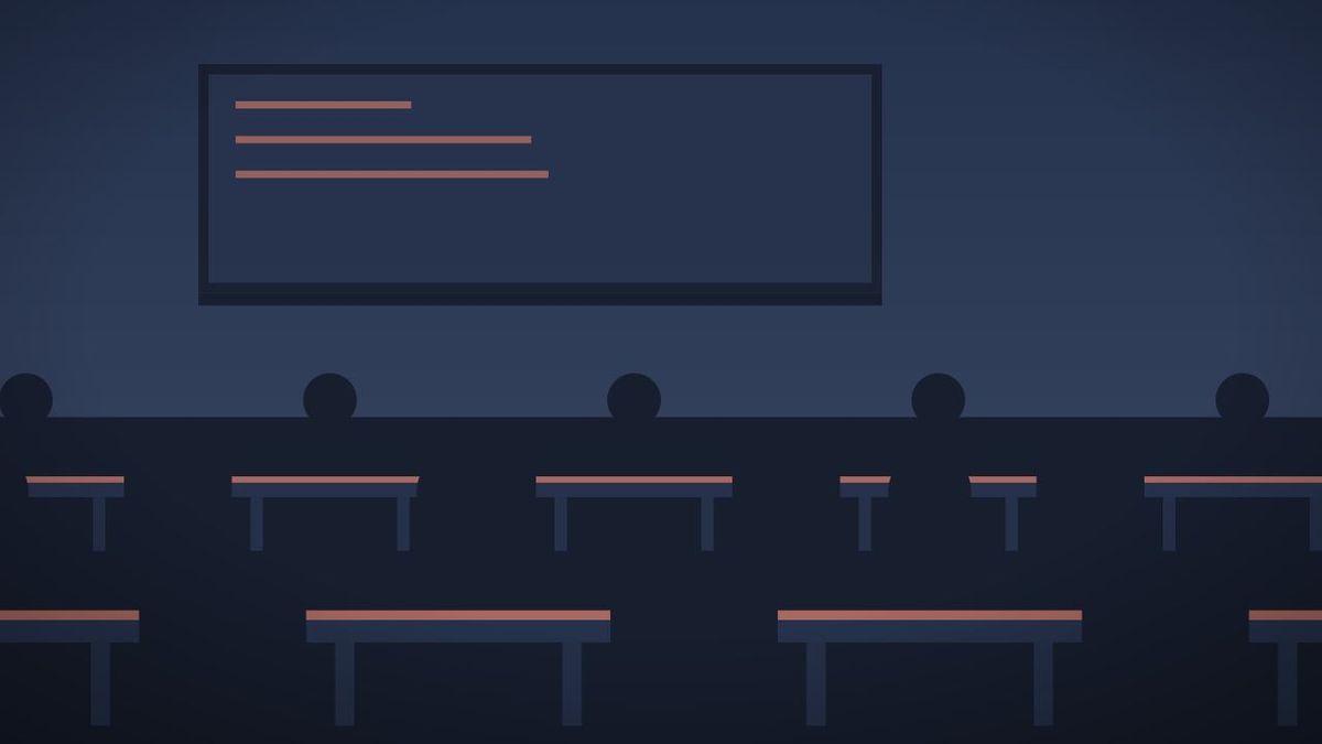 An illustration of a classroom: a chalkboard at the front and rows of pupils facing it.